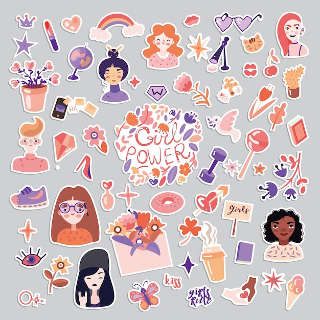 Feminista y linda chica power sticker conjunto de ilustraciones chicas retratos flores pegatinas dulces wi