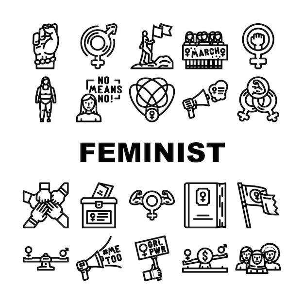 feminista mujeres iconos conjunto vector activista mujer feminismo fuerte movimiento protesta puño poder niña mano feminista mujeres contorno negro ilustraciones