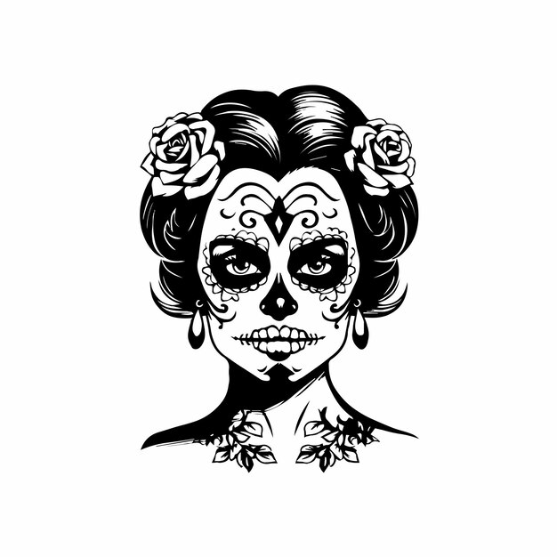 Vector femme vector de estilo cráneo de azúcar retrato en estilo tradicional mexicano19