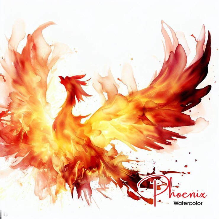 Fénix abstracto inspirado en el fuego, salpicaduras de acuarela