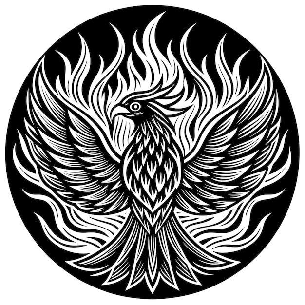 el fénix renace del fuego en un círculo ilustración vectorial linocuto