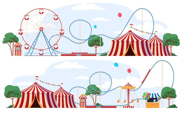 Feria con atracciones de parques de atracciones para niños carruseles carpa de circo atracciones extremas
