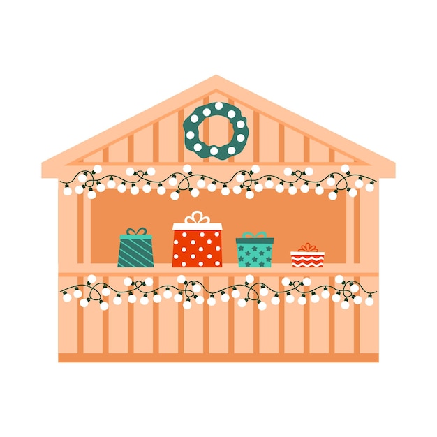Feria de Navidad al aire libre mercado navideño con tienda exterior de regalos en quioscos de casas pequeñas con venta minorista