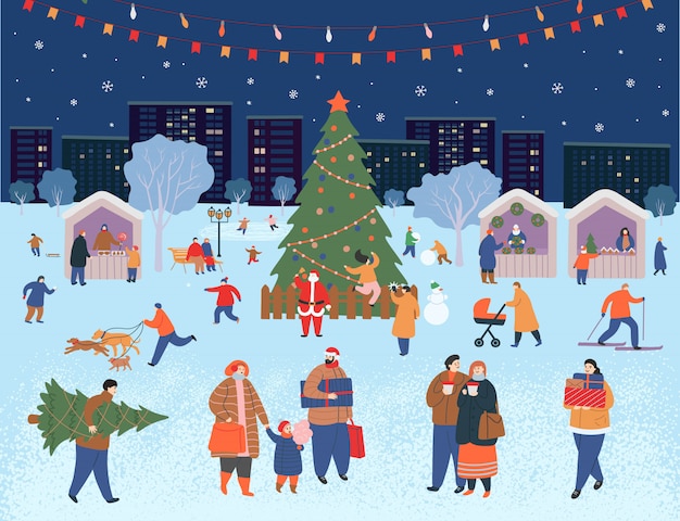 Feria de vacaciones, navidad en el parque. gran grupo de personas en invierno. gente caminando, comprando regalos, tomando café, patinando, esquiando, haciendo un muñeco de nieve, paseando perros. ilustración de vector de dibujos animados plana.