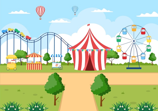 Feria de Verano con Carnaval, Circo, Parque de Atracciones o Parque de Atracciones. Paisaje de carruseles, montaña rusa, globo de aire y parque infantil ilustración vectorial