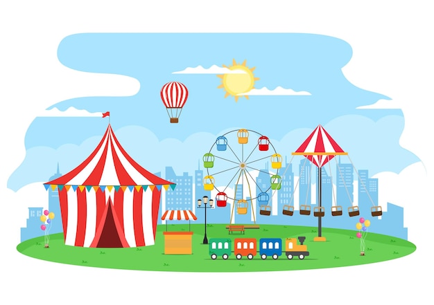 Feria de Verano con Carnaval, Circo, Parque de Atracciones o Parque de Atracciones. Paisaje de carruseles, montaña rusa, globo de aire y parque infantil ilustración vectorial