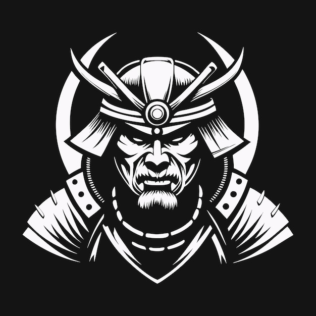 feroz guerrero samurai japonés en una antigua armadura de casco con una expresión seria logotipo del vector de la mascota