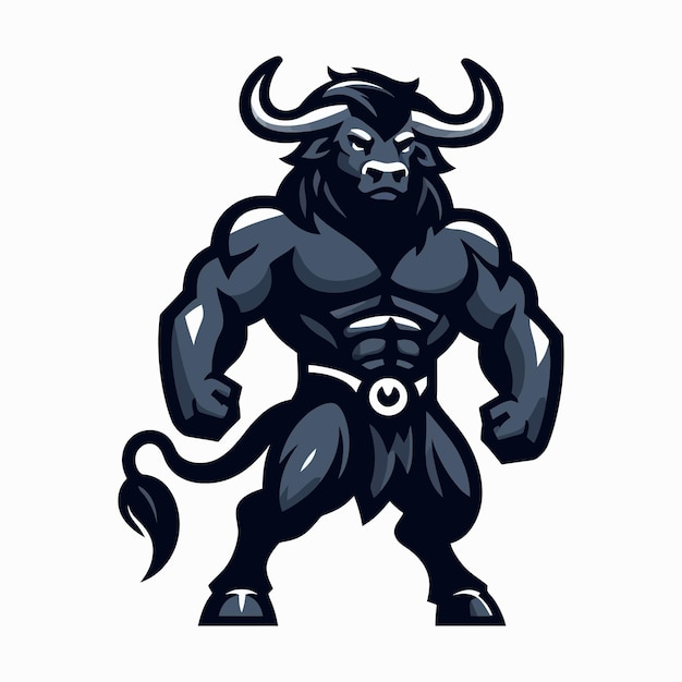 Un feroz logotipo de minotauro en el tema del guerrero de estilo pegatina de dibujos animados sobre un fondo blanco