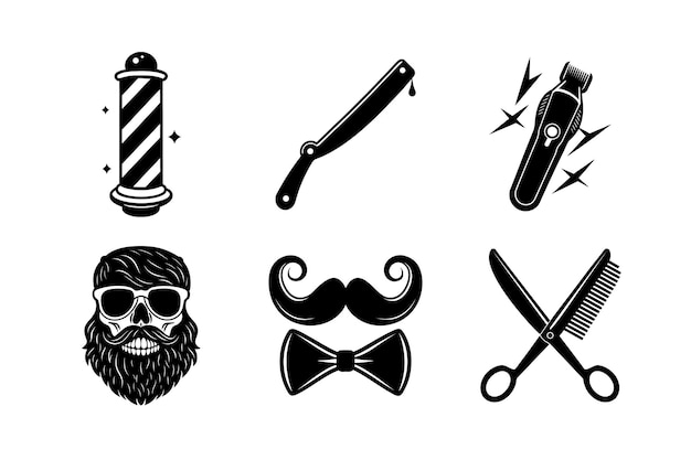 Ferramentas y accesorios de barbería conjunto de iconos en blanco y negro