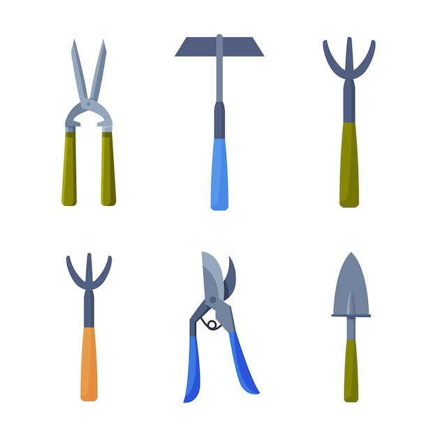 Ferramentas de jardinería con cortador de arbustos, martillo, paleta y tijeras