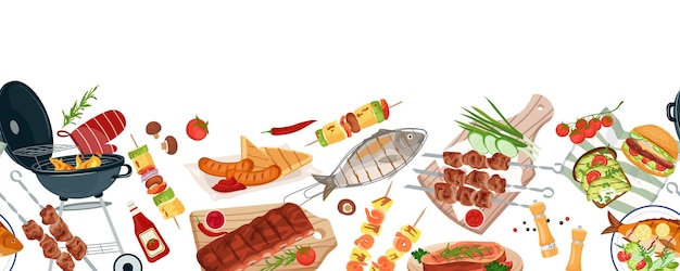 Festa de comida a la parrilla frontera picnic de verano barbacoa patrón sin costuras pancarta vectorial plana con parrilla de barbacoa