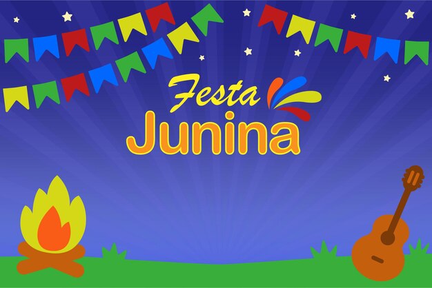 Vector festa junina banner fogueira violao fundo azul