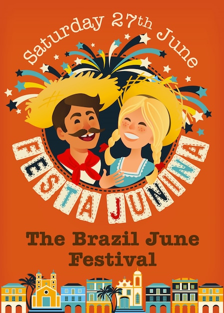 Vector festa junina brasil festival de junio banner folklore holiday characters vector illustration