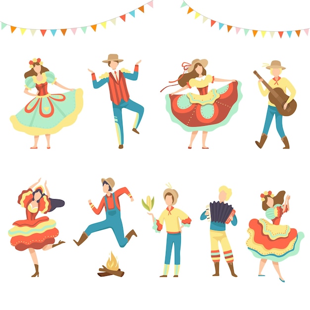 Festa junina brasileña hombres y mujeres felices bailando en el festival de vacaciones latinas ilustración vectorial sobre fondo blanco