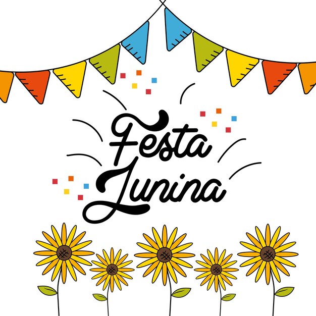 festa junina con diseño de fiesta de banderas y girasoles