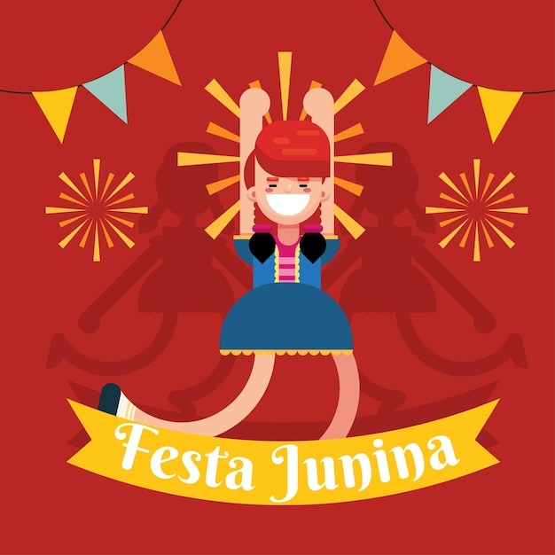 Festa junina festival fiesta celebración chica bailando ilustración cartel banner diseño vector plantilla