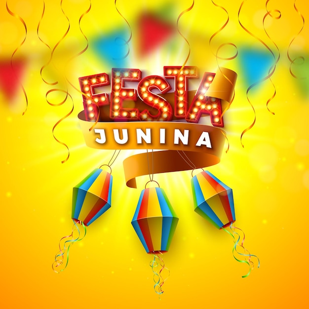 Festa junina ilustración con bombilla cartelera letras linterna de papel y cinta en amarillo sol