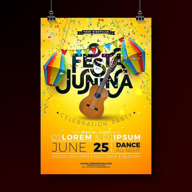 Festa Junina Party Flyer Ilustración con banderas de linterna de papel y guitarra acústica en amarillo sol