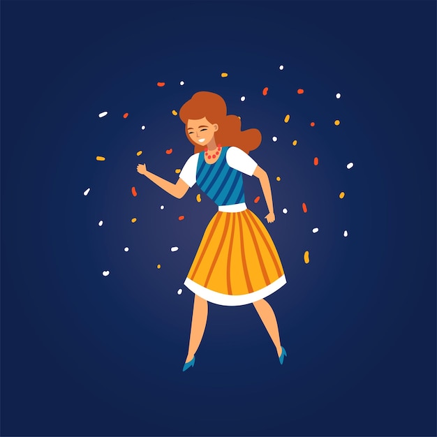 Festa Junina Tradicional Brasil Festival de junio Niña bailando en la noche Folclore Fiesta Ilustración vectorial en estilo plano