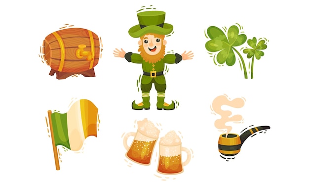 Festa de San Patricio símbolos y atributos con leprechaun y set vectorial de hojas de trébol