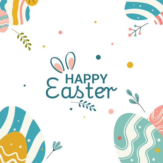Una festiva tarjeta de felicitación de Pascua con huevos de colores pastel, orejas de conejo y tipografía elegante.