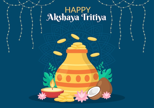 Festival akshaya tritiya con kalash pot y monedas de oro para celebrar en india en la ilustración