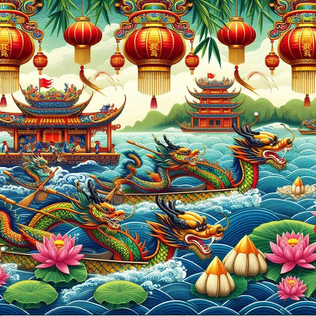 Vector festival de los barcos dragón tradición china festival de duanwu zongzi carreras de barcos dragón qu yuan chines