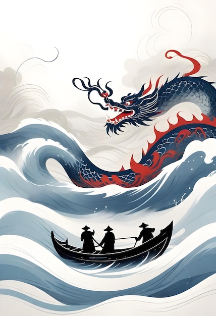 Vector un festival de barcos de dragón con tres personas en un barco y un dragón en el agua