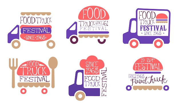 Festival de camiones de comida Etiquetas antiguas Conjunto de señales de comida en la calle Ilustración vectorial