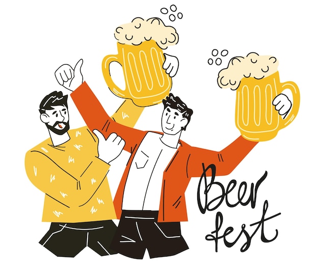 Festival de la cerveza y emblema de bar o pub de cervecería con dibujos animados l hombres vector plano aislado