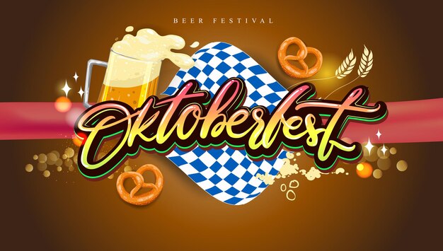 Festival de la cerveza Oktoberfest, pancarta y plantilla de póster con letras de mano de caligrafía Oktoberfest y cerveza. festival de la cerveza en alemán