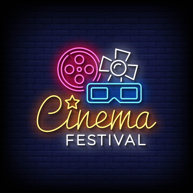 Festival de cine de señales de neón con vector de fondo de pared de ladrillo