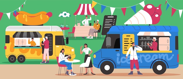 Festival de comida rápida en la calle Café camiones mercado Vendedor en el mostrador vendiendo perros y helados Jugos quioscos Vendedores y compradores felices Visitantes en la cafetería al aire libre Concepto vectorial