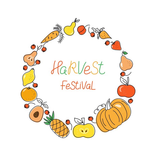 Festival de la cosecha Conjunto de frames de alimentos de verduras bayas frutales inscripciones Vegetarianismo