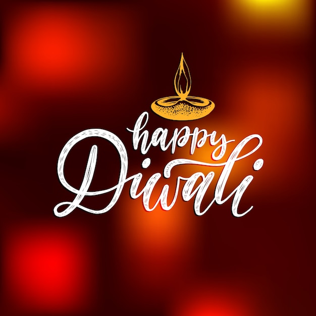 Festival de diwali con letras a mano. ilustración de la lámpara para el saludo navideño indio