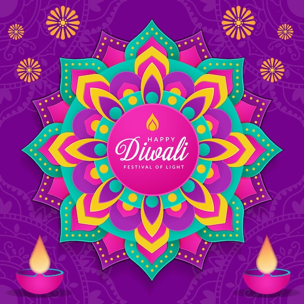 Vector festival de diwali de la luz sobre fondo morado.