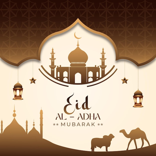 Festival de Eid al adha mubarak con mezquita y plantilla de diseño de fondo de la luna