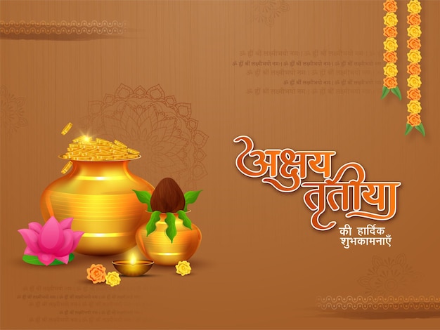 Festival hindú Akshaya Tritiya concepto con texto escrito en hindi Akshaya Tritiya desea con kalash dorado lleno de monedas de oro y adornos para la oración