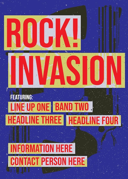 festival de invasión de rock o concierto de festival o cartel de conciertos folleto o panfleto para banda o evento