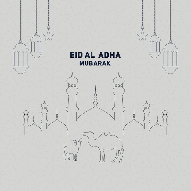 Festival islámico artístico eid al adha mubarak con luna y mezquita