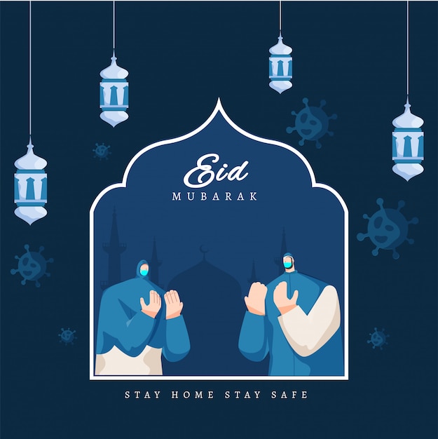 Festival islámico Eid Mubarak Concept con el hombre y la mujer musulmana con máscara, y Corona Virus en el fondo. Celebraciones de Eid durante Covid-19, Stay Home y Stay Safe.