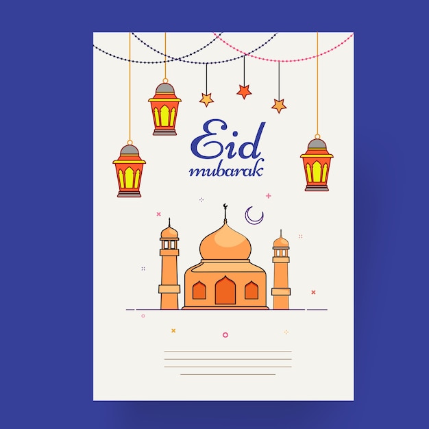 Vector el festival islámico de eid mubarak diseño de tarjetas de felicitación o invitaciones con decoración de estrellas de linterna colgante de la mezquita de estilo doodle