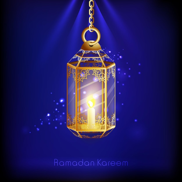 Festival islámico Ramadan Kareem Concepto de celebración con linterna de vela iluminada Colgar en rayos azules de fondo