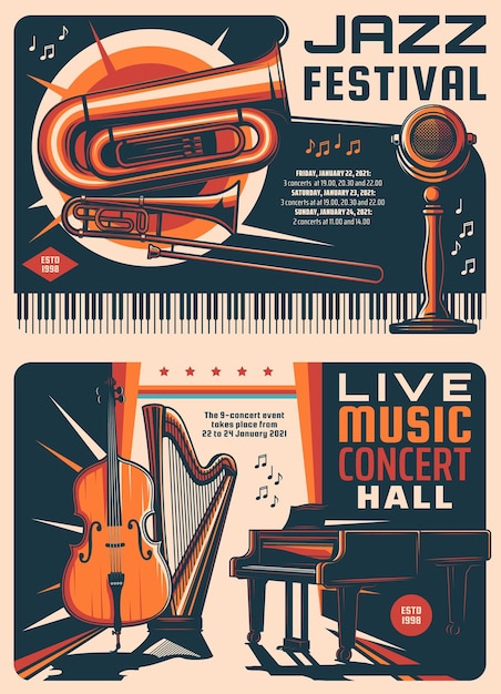 Festival de jazz y carteles retro de conciertos de música.