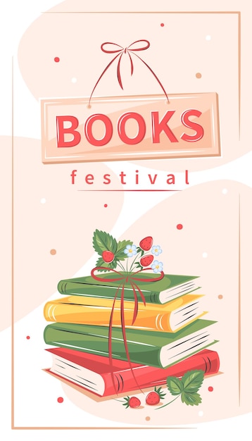 Festival del libro Diseño de diseño para biblioteca de librería Libros con flores y fresas