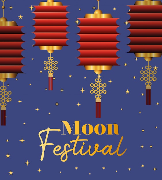 Vector festival de la luna de la cosecha de mediados de otoño con linternas rojas y estrellas