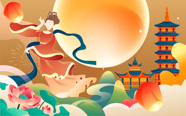 Festival de mediados de otoño el 15 de agosto, historia de la mitología china chang'e volando a la luna con luna