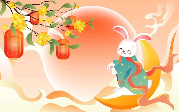 Festival de mediados de otoño el 15 de agosto, mitología tradicional del conejo de jade adorando a la luna, vector