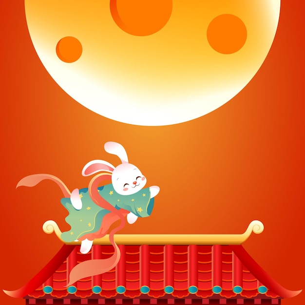 Festival de mediados de otoño el 15 de agosto, mitología tradicional del conejo de jade adorando a la luna, vector