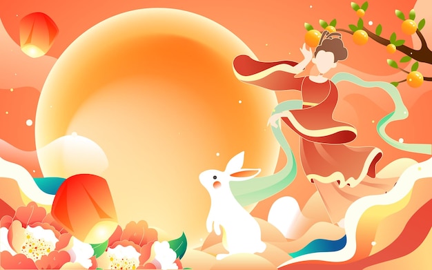 Festival de mediados de otoño, historia de la mitología tradicional china chang'e volando a la luna, vector